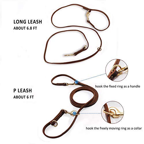 Multi Function 8Ft Leather Dog Leash, Genuine Leather Leash Hands Free Leash Dog Training Leash For Small, Medium And Large Dogs