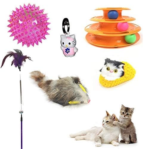 D&C Paws 6 In 1 Premium Combo Toys, Cartoon Bell, Plush Mouse, Squeaky Led Ball, 3 Layer Wheels Tower Toys For Cats (Pack Of 6)