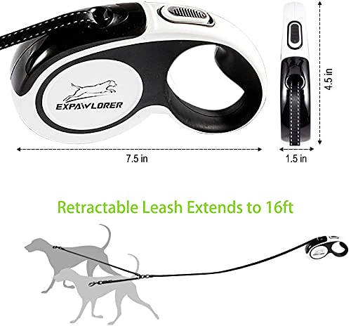 EXPAWLORER Dual Retractable Dog Leash - 16ft Reflective Nylon, Black & White, Model MDL001_BLK, Tangle-Free for Two Dogs