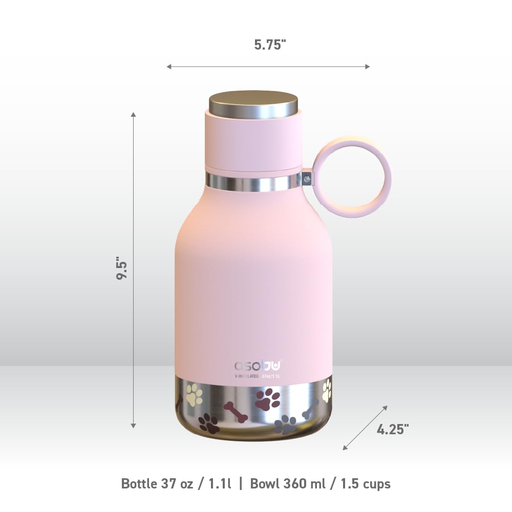Asobu Dog Bowl Attached To Stainless Steel Insulated Travel Bottle For Human 37Oz/1.1 Liter With Detachable Dog Bowl (Pink)