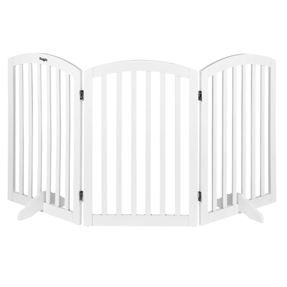 Bonnlo 30'' Tall White Freestanding Dog Gates For Doorways, Trifold Pet Gate Step Over Foldable Gate, Wooden 3 Panel Pet Gate Ch