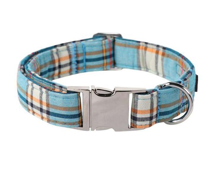 Lionet Paws Boy Dog Collar, Comfortable Adjustable Cute Blue Plaid Collar With Metal Buckle For Male Dogs, Small, Neck 10-16 Inc