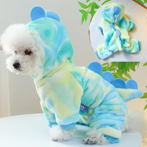 Anelekor Dinosaur Dog Clothes For Small Dog Girl Boy, Fleece Winter Puppy Hoodies With Leash Ring, Cat Coat For Cold Weather, Fu