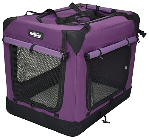 Elitefield 4-Door Folding Soft Dog Crate With Curtains, Carrying Bag And Fleece Bed (2 Year Warranty), Indoor & Outdoor Pet Home (30' L X 21' W X 24' H, Purple+4 Door Curtains)