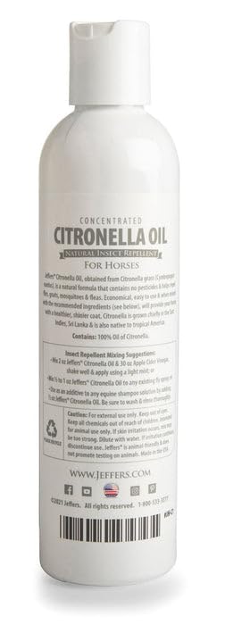 Jeffers Equine Citronella Oil - 8 oz 100% Pure Natural Essential Oil for Horses - Horse Shampoo Additive & Grooming Aid - Fresh