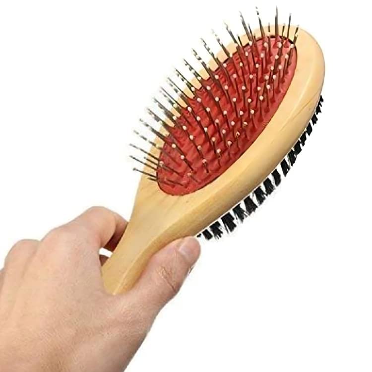 Woofy 2 In 1 Nylon Bristles & Rounded Pins With Wooden Handle Dog, Cat, Puppy Pet Grooming Brush For Large And Adult Dogs Of All