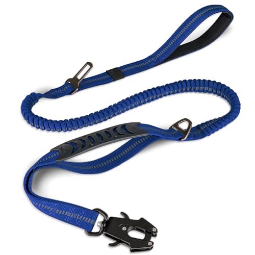 Joytale Tactical Dog Leash Heavy Duty, 4-6Ft Shock Absorbing Bungee Lead With 2 Padded Handle, Metal Carabiner Clip, Car Seatbel