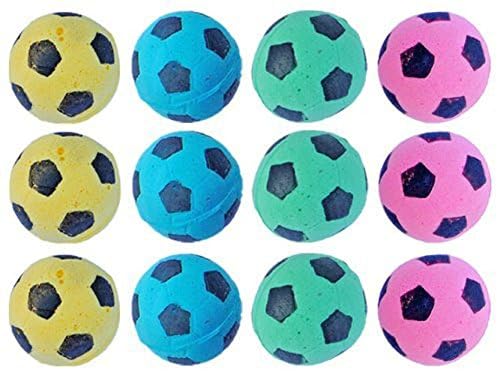 Petfavorites Cat Toy, Foam Sponge Soccer Ball (12 Pack), Interactive Pet Kitten Cat Exercise Toy Balls, Soft, Bouncy, Noise Free, Indoor, Pink, Yellow, Blue, Green