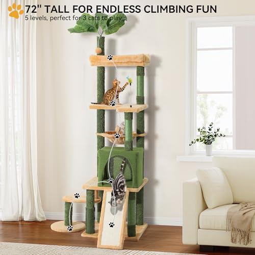 Yitahome Tall Cat Tree Tower With Leaves For Indoor Cats, 72.8In Cute Cat Climbing Tower With Self-Grooming Brush, Cat Condo, To