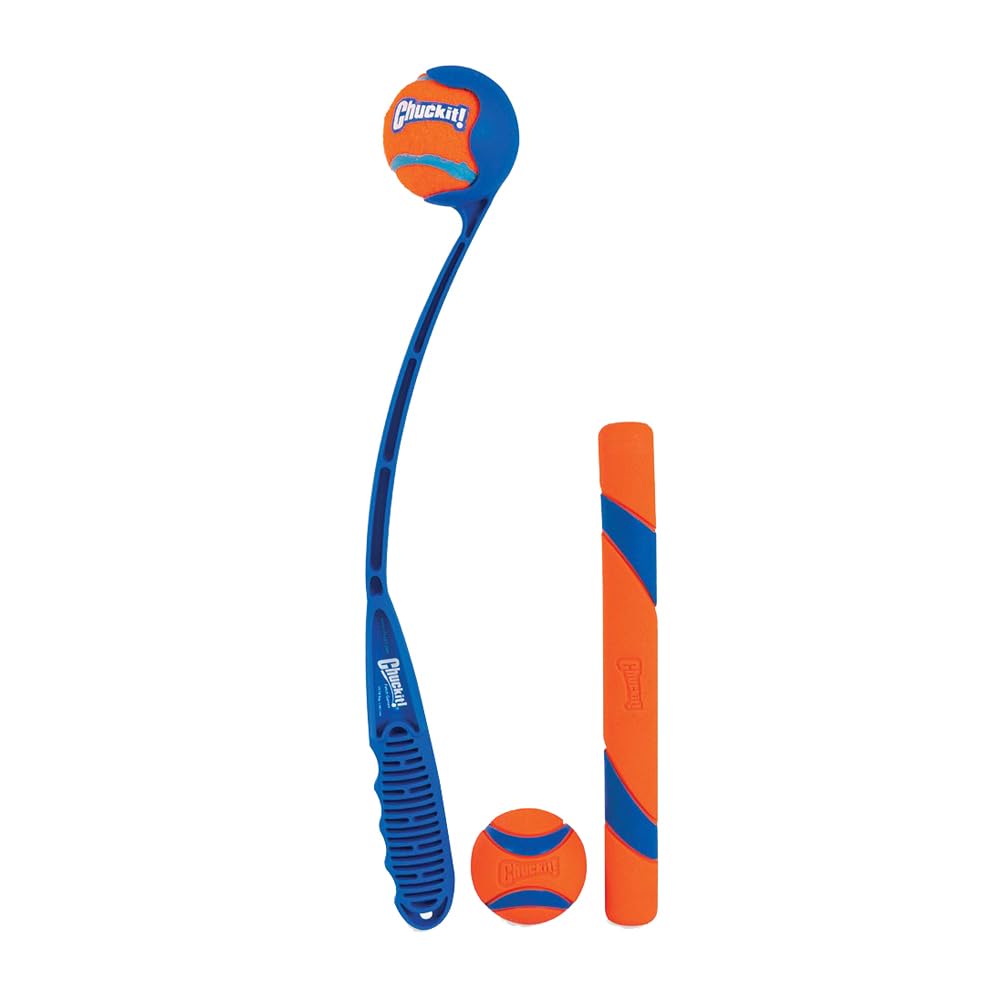 Chuckit! Fetch Pack - Dog Toys Indestructible Launcher, 18M, Tennis Ball & Ultra Rubber Ball Fetch Stick, Orange And Blue