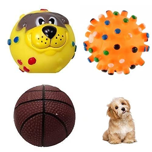 Dog & Cat Puppy Squeaky Toy Combo of 3, Dog Toy Ball (Spiked Ball + Baseball + Cute Puppy Face Ball)  Color May Vary