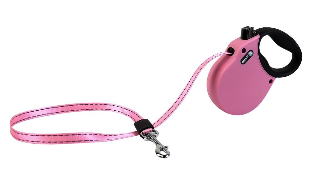 Alcott Adventure Retractable Reflective Belt Leash, 10' Long, Extra Small For Dogs Up To 25 Lbs, Pink With Black Soft Grip Handl