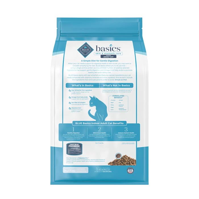 Blue Buffalo Basics Grain-Free Dry Cat Food, Skin & Stomach Care, Limited Ingredient Diet for Indoor Cats, Whitefish & Potato Re