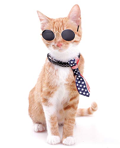 Dplus Cool Stylish And Funny Cute Pet Sunglasses - Glasses Set Of 5 - Classic Retro Circular Metal Prince Sunglasses For Cat,Chihuahua Or Small Dogs (With Tie)