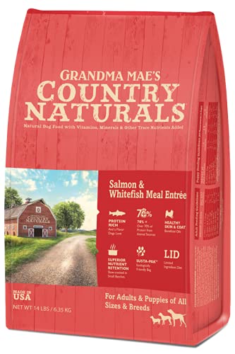 Grandma Maes Country Naturals Dry Dog Food, Salmon, Whitefish & Brown Rice, Slow Cooked & Nutrient Dense, Made in USA, 4 LB Bag