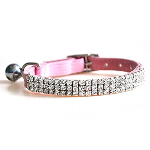 Chukchi Soft Velvet Safe Cat Adjustable Collar Bling Diamante With Bells,11 Inch For Small Dogs And Cats (Pink- 2 Pack)