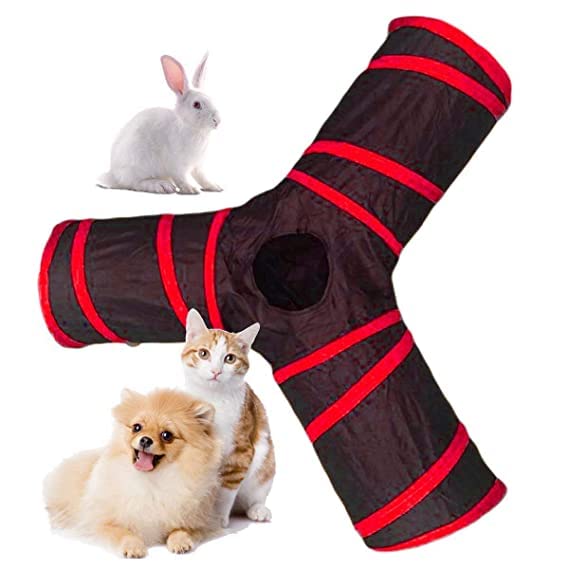 Dog Trust Cat Tunnel Toy  3 Way Collapsible For Indoor & Outdoor Play With Hanging Toy Ball For Cat, Rabbit, Guinea Pig (Red)