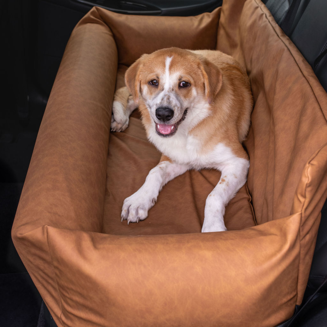 PupProtector™ Faux Cool-to-Touch Vegan Leather Memory Foam Dog Car Bed - Camel