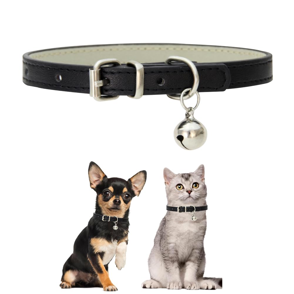 Black Small Dog Collar With Bell,Kitten Collars With Bell,Soft Pu Leather Puppy Collar Adjustable Buckle For Xxs Extra Small Med