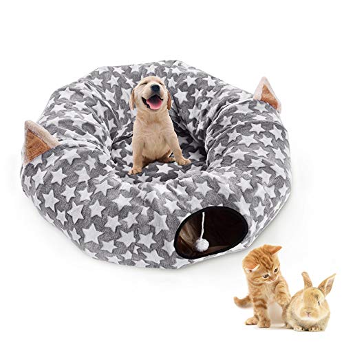 Luckitty Large Cat Tunnel Bed With Plush Cover,Fluffy Toy Balls, Small Cushion And Flexible Design- 10 Inch Diameter, 3 Ft Length- Great For Cats, And Small Dogs, Gray Star Pattern