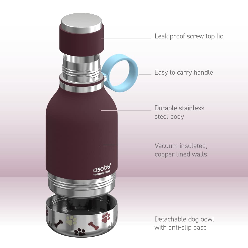 Asobu Dog Bowl Attached To Stainless Steel Insulated Travel Bottle For Human 33 Ounce (Burgundy)