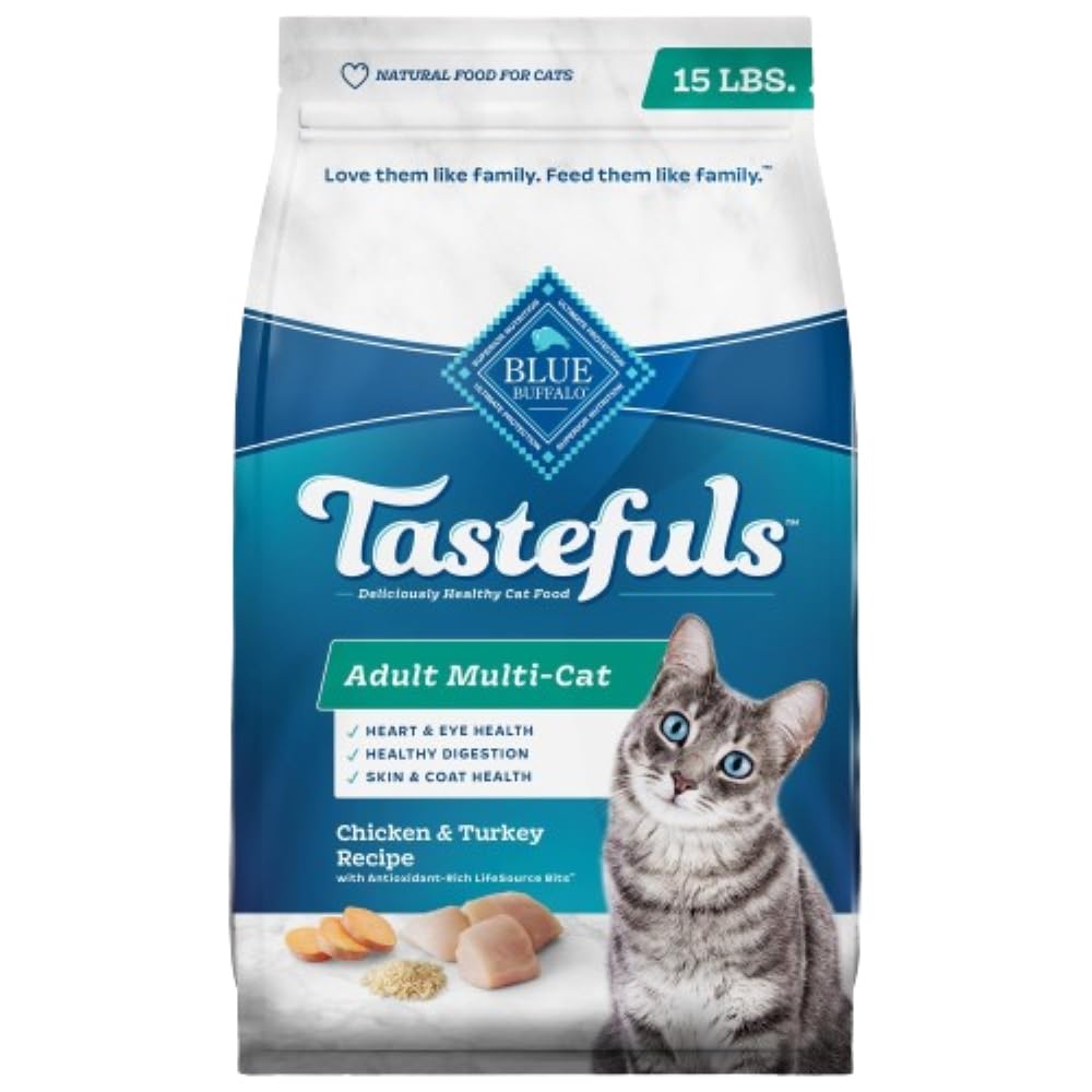 Blue Buffalo Tastefuls Adult Cat Dry Food, Multi-Protein Chicken & Turkey Recipe, 15-Lb. Bag