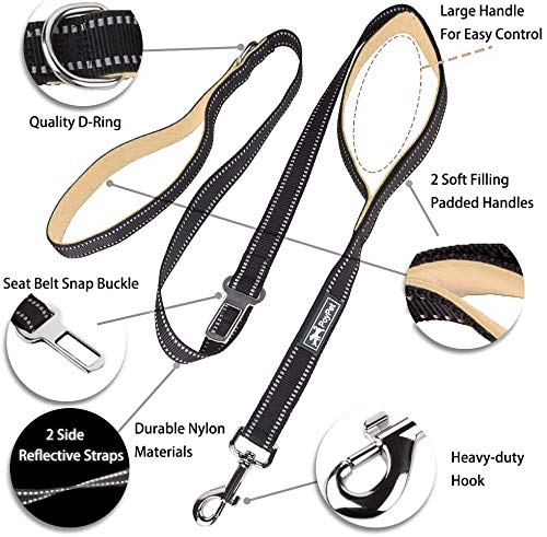 Poypet 5 Feet Dog Leash - Reflective - 2 Cushioned Handles - Functional Car Seat Belt (Khaki)