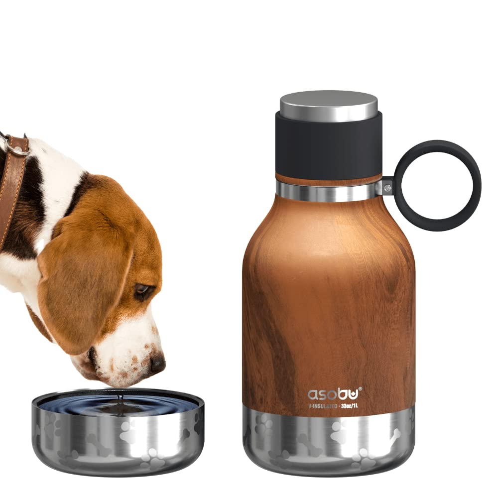 Asobu Dog Bowl Attached To Stainless Steel Insulated Travel Bottle For Human 33 Ounce (Hard Wood)