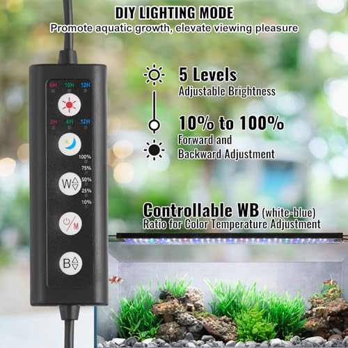 VEVOR Aquarium Light, 26W Full Spectrum Fish Tank Light with 5 Levels Adjustable Brightness, Adjustable Timer and Power-Off Memo