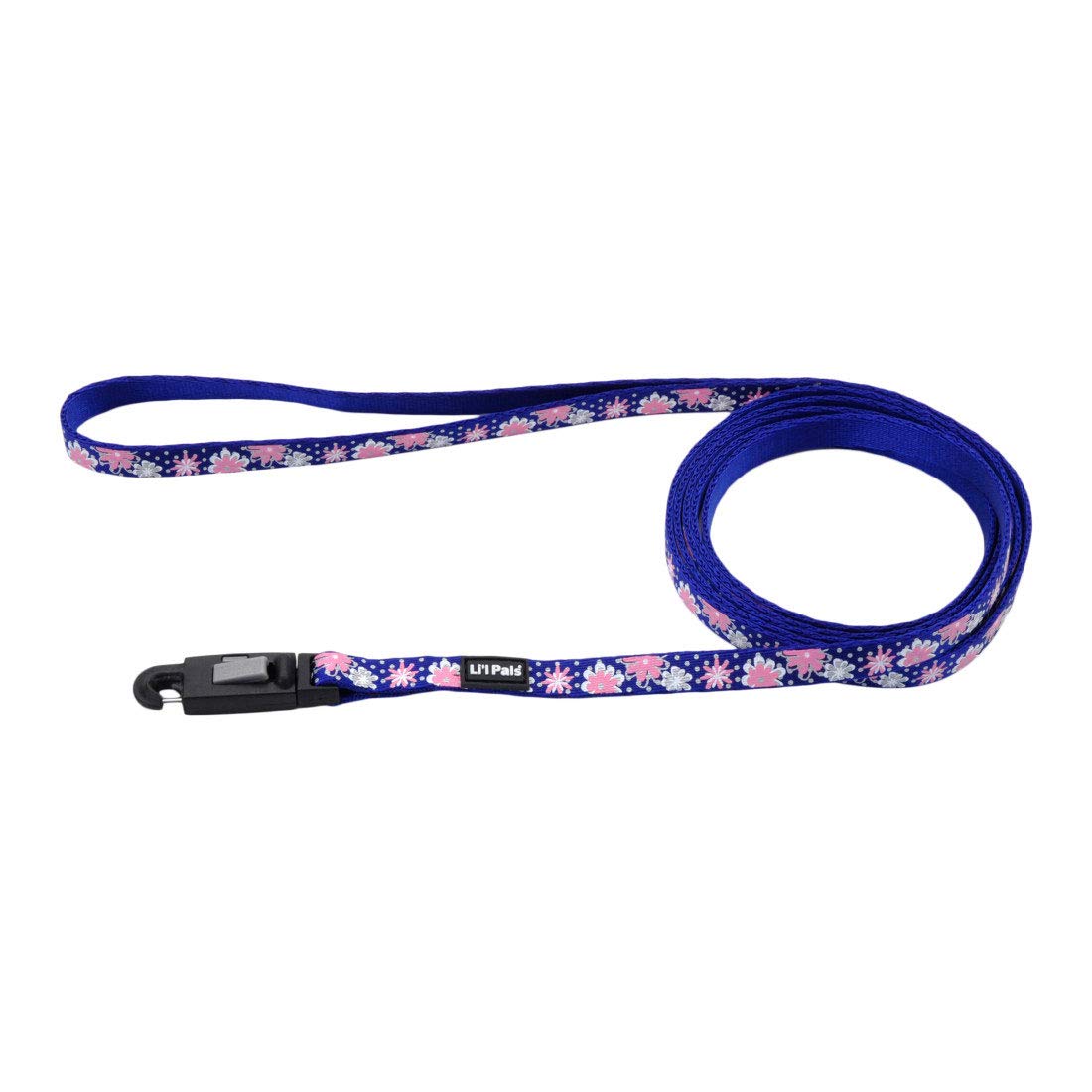 Coastal - Li’L Pals Reflective Leash - Extra-Narrow Width And E-Z Snap - Blue With Pink And White Flower And Dots Pattern - 3/8' X 6’