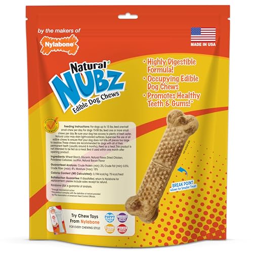 Nylabone Nubz Natural Edible Chew Treats for Dogs, Long Lasting Chews Made in USA, Chicken Flavor, Small - Up to 25 lbs. (36 Cou