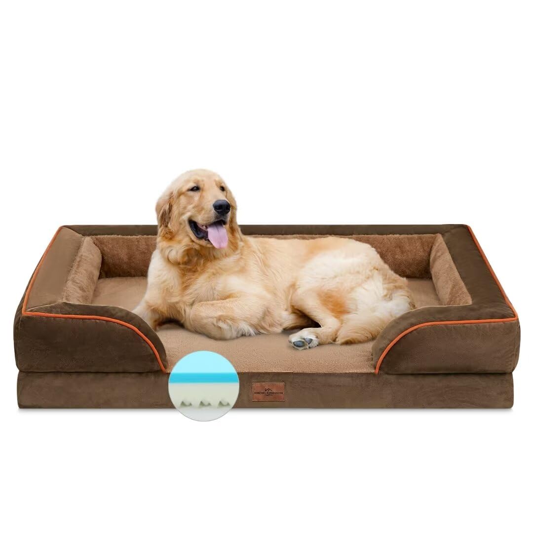 Comfort Expression Cooling Dog Bed For Extra Large Dogs, Orthopedic Memory Foam Dog Bed, Xl Dog Bed With Removable Cover, Waterproof Pet Bed Large With Bolster(X-Large,Khaki Brown)
