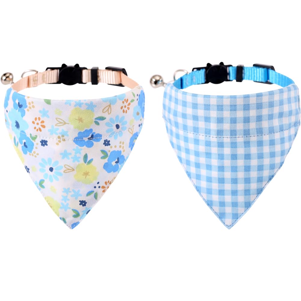 Cat Collars Breakaway With Bandana Bell Plaid Flower Pet Kitten Adjustable For Small Dog Puppies Girl Boy