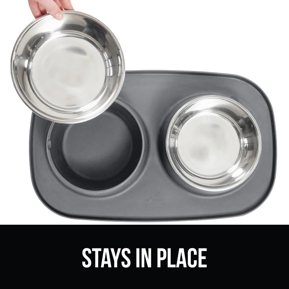 Gorilla Grip 100% Waterproof BPA Free Cat and Dog Bowls Silicone Feeding Mat Set, Stainless Steel Bowl Slip Resistant Raised Edg