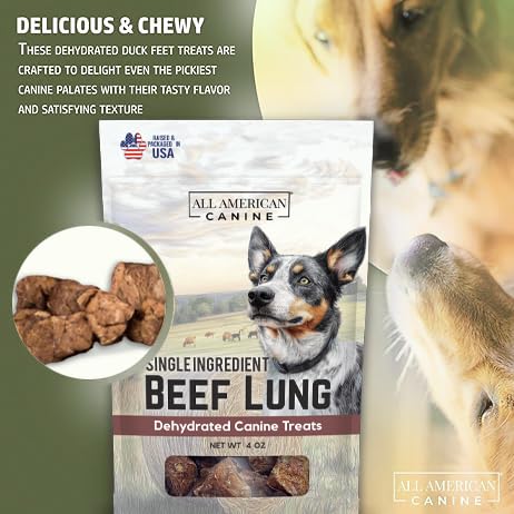 All American Canine Beef Lung Dog Treats 4oz - Single Ingredient, Dehydrated High Protein Low FatTraining Snacks - All Natural a