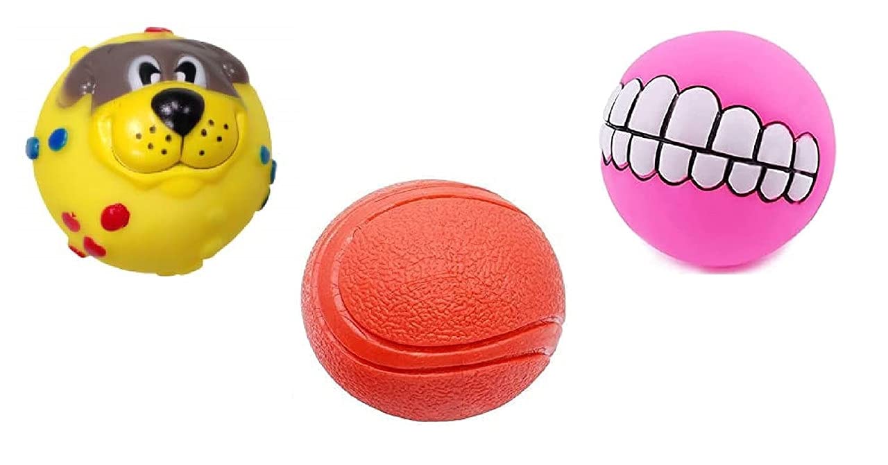 Dog Trust Dog Ball and Squeaky Toys 3 in 1 Combo for Dogs Puppy Cats (Face Ball+Hard Rubber Ball+Funny Teeth Ball) Multicolor