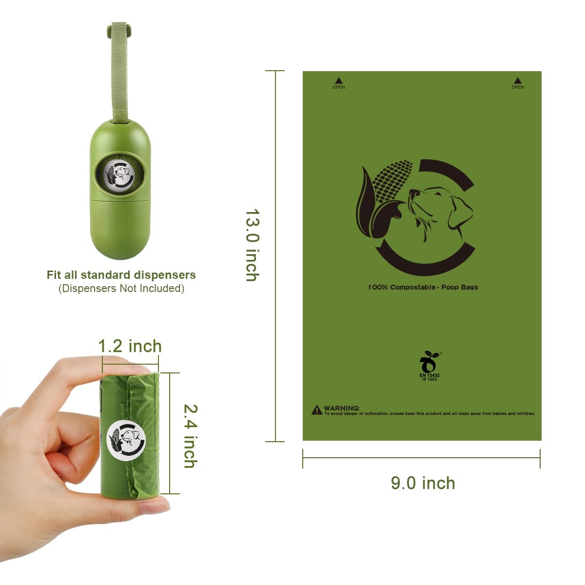 Certified Compostable Dog Poop Bags, 120 Count Landfill Friendly And Leakproof Waste Bags, Easy Open Unscented Forest Green Poop