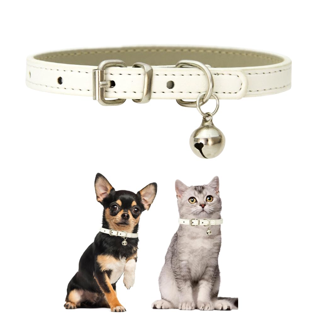 White Xxs Dog Collar With Bell,Cat Collar With Bell,Soft Pu Leather Puppy Collar Adjustable Buckle For Xxs Extra Small Medium Ti