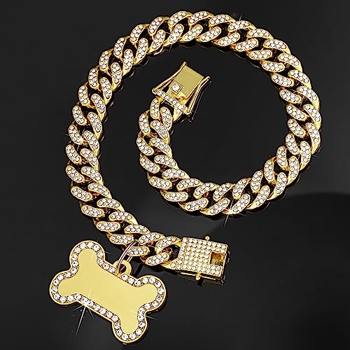 Hillban Dog Chain Golden Diamond Collar With Pet Id Jewelry Tags Rhinestones Stainless Steel Metal Link Collar Walking Chain Nec