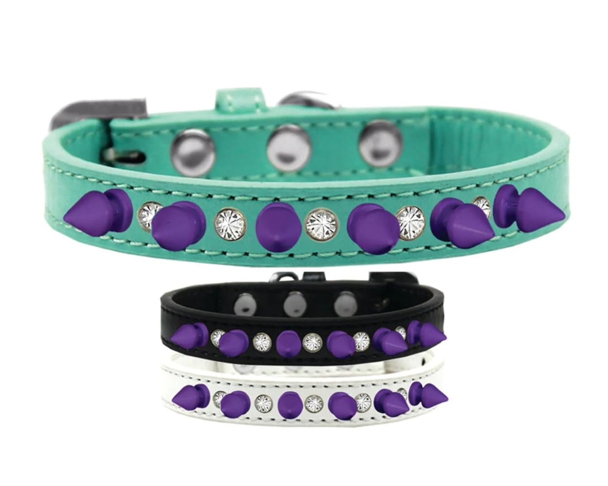 Pet and Dog Spike Collar, &quot;Clear Crystals & Purple Spikes” Black 16