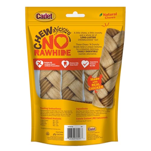Cadet Chewalicious Chewy N Crunchy Braid Dog Treats, Limited Ingredient, Rawhide-Free, Long-Lasting Chews for Dogs Made with Re