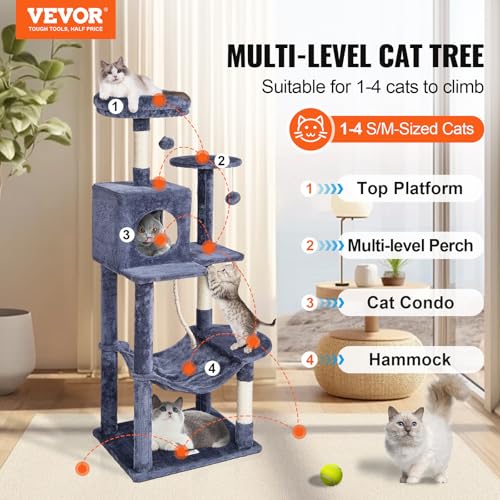 VEVOR Cat Tree 56.2 Cat Tower with Cat Condo Sisal Scratching Post Dark Grey