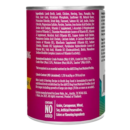 Nulo Land & Sea for Adult Dogs & Puppies Lamb & Herring Recipe in Broth 12 Ounce Cans, Pack of 5