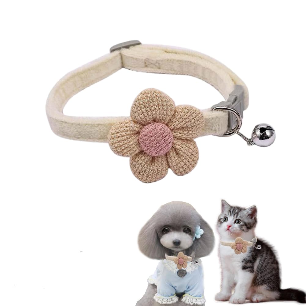 Xs Dog Collar With Bell,Beige Flower Cat Collar With Bells Suede Girl Cute Fancy Puppy Collar With Bells For Xxs Xs Tiny Little