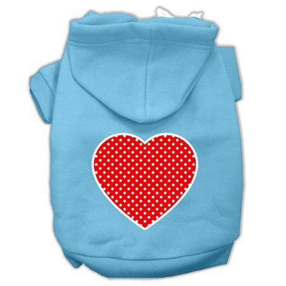 Pet Dog & Cat Hoodie Screen Printed, Red Swiss Dots Heart Baby Blue SM (3-6 lbs.)