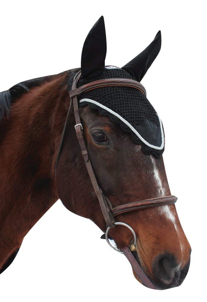 Equine Couture Fly Bonnet with Silver Rope - Pony Color - Black, Size - Cob