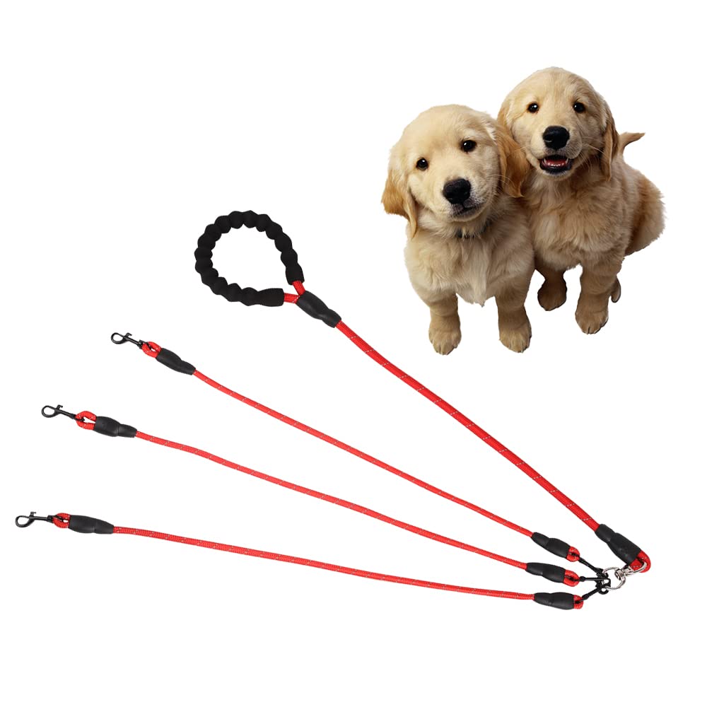 Three Dog Leash - Comfortable Double Leash With Reflective, 360 Swivel No Tangle Training For Large Medium Small Dogs (Red, Thre