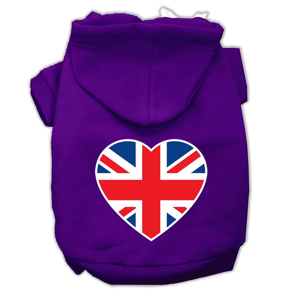 Pet Dog & Cat Hoodie Screen Printed, 'British Flag Heart' Purple Xs (0-3 Lbs.)