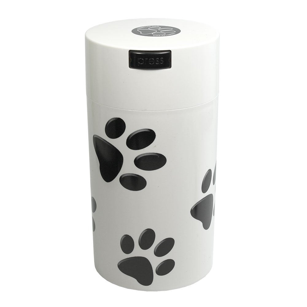 Pawvac 12 Ounce Vacuum Sealed Pet Food Storage Container; White Cap & Body/Black Paws