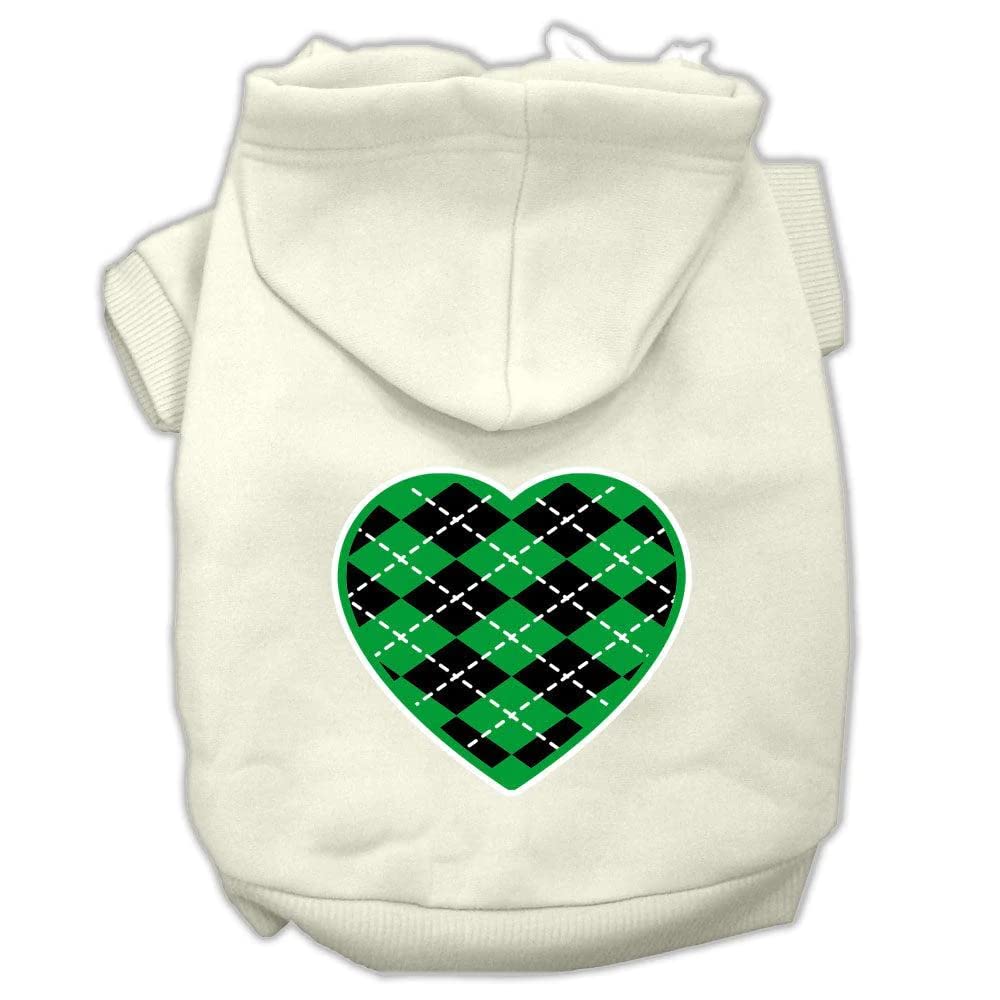 Pet Dog & Cat Hoodie Screen Printed, 'Green Argyle Heart' Cream Xs (0-3 Lbs.)